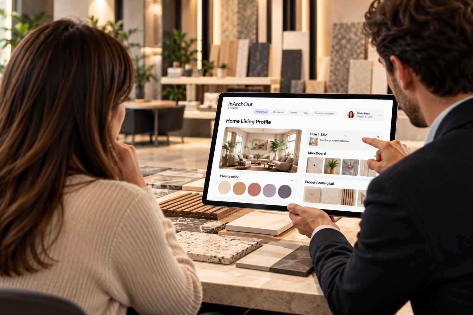 Venditore e cliente consultano InArchOut in showroom